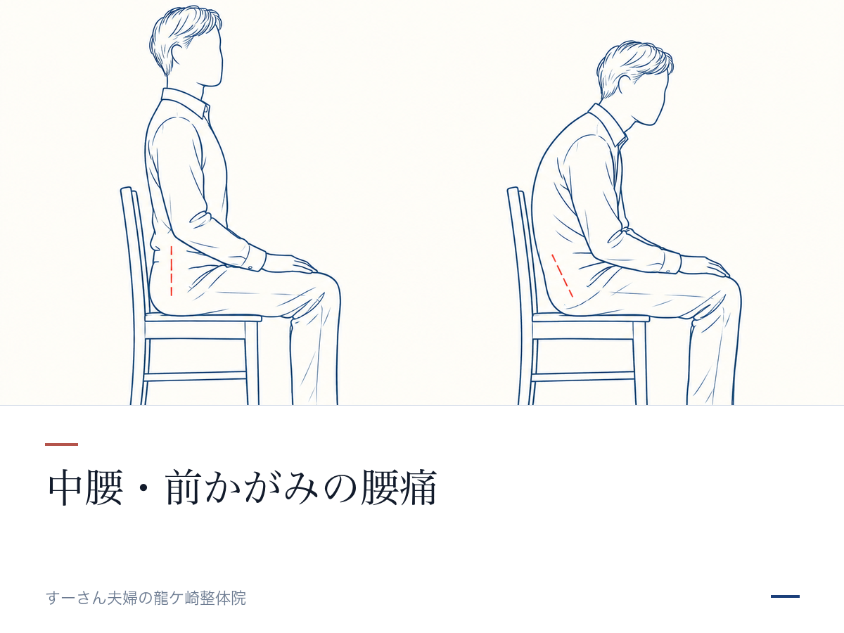 椅子に座る姿を横から比べた線画(中腰・前かがみの腰痛)